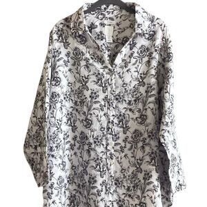 Joie 100% Linen Blouse 1X White Black Floral Button Down